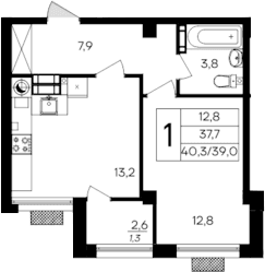 1-комн., 39 м²