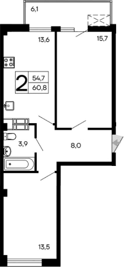 2-комн., 54.7 м²