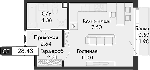 Студия, 27.84 м²