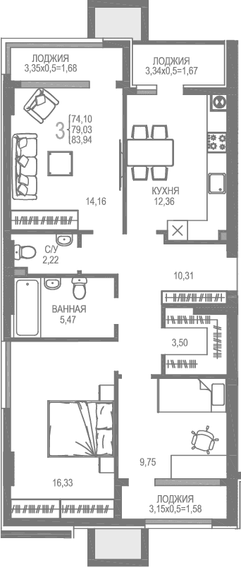 3-комн., 74.1 м²