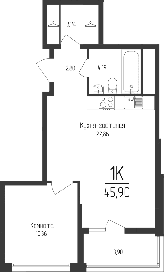 1-комн., 43.95 м²