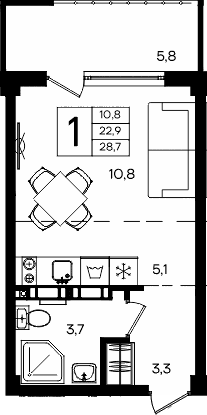 Студия, 22.9 м²