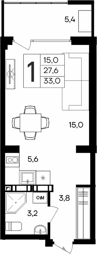 Студия, 27.6 м²