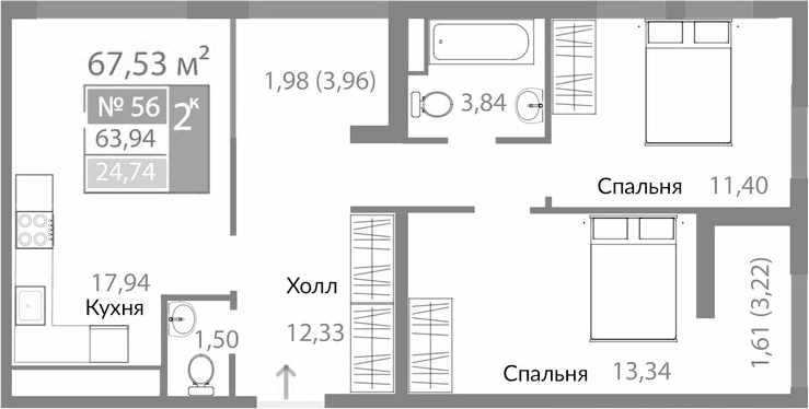 2-комн., 60.35 м²
