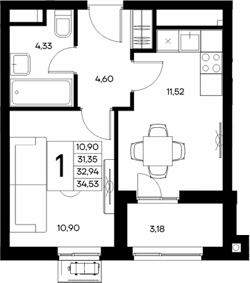 1-комн., 31.35 м²