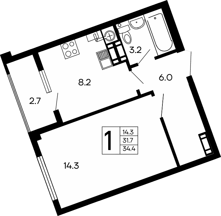 1-комн., 31.7 м²