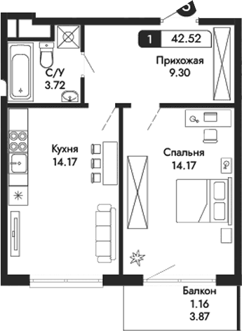 1-комн., 41.36 м²