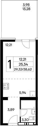 Студия, 34.64 м²