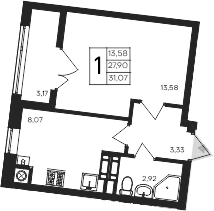 1-комн., 27.9 м²