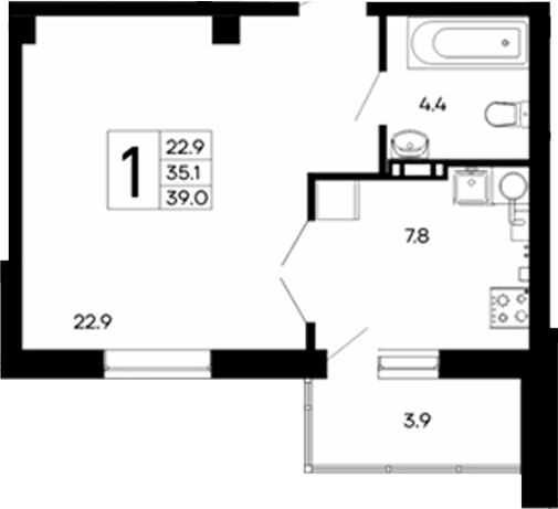 1-комн., 35.1 м²