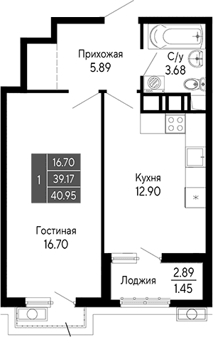1-комн., 39.17 м²