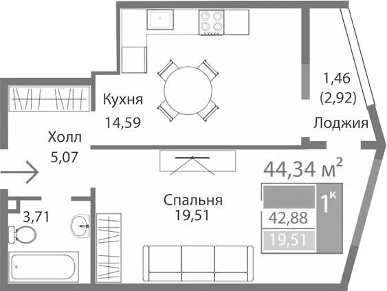 1-комн., 42.88 м²