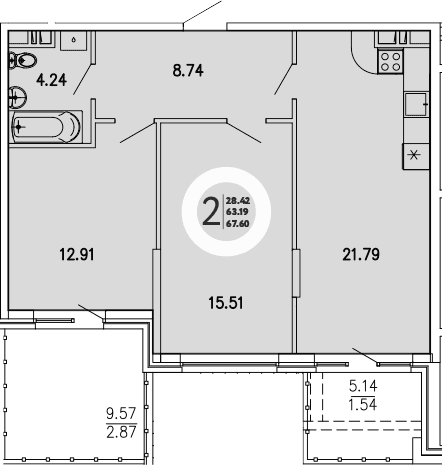 2-комн., 63.19 м²