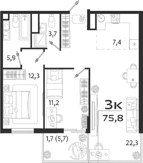3-комн., 70.1 м²