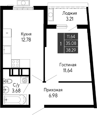 1-комн., 35.08 м²