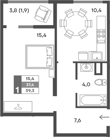 1-комн., 37.4 м²