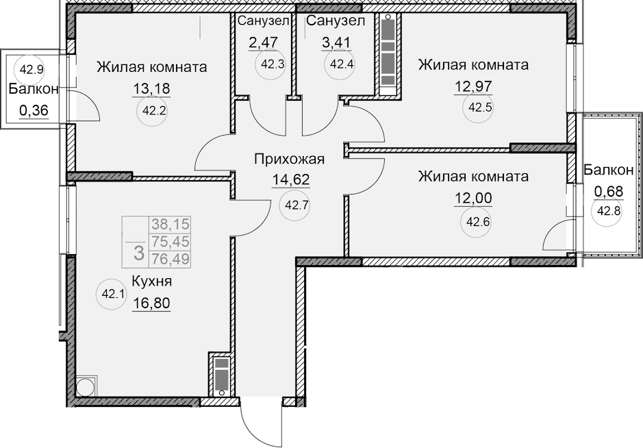 3-комн., 75.45 м²