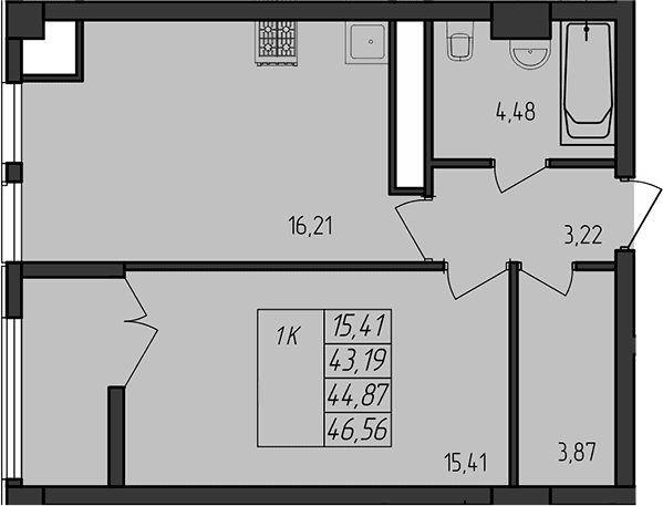 1-комн., 43.18 м²