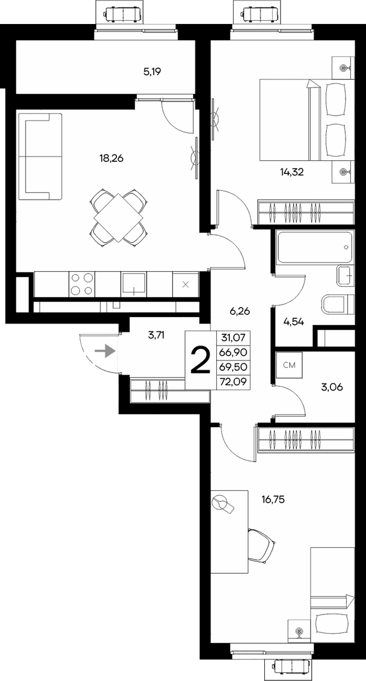 2-комн., 66.9 м²