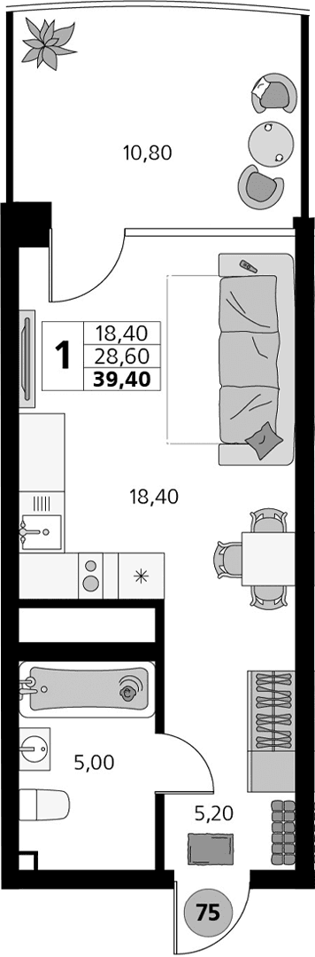 Студия, 28.6 м²