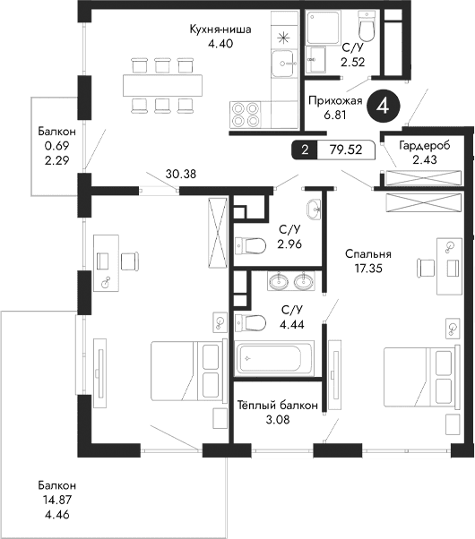 2-комн., 71.29 м²