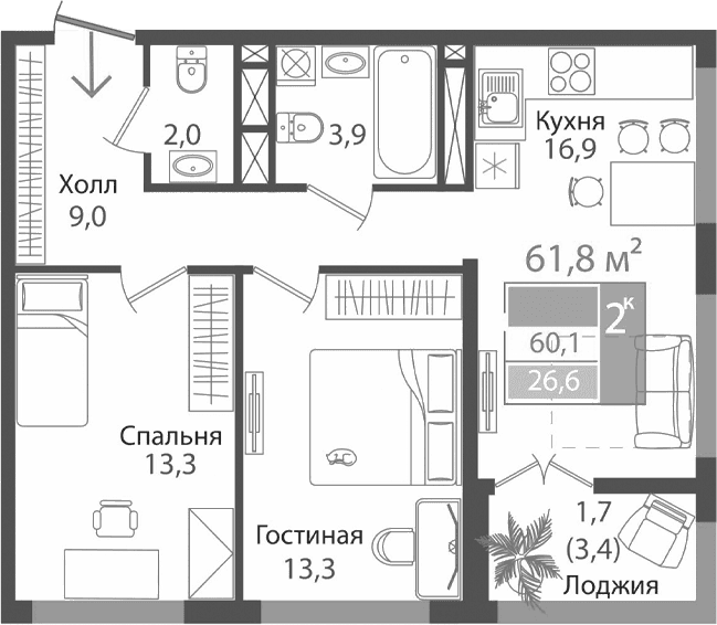 3-комн., 58.4 м²