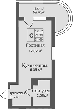 Студия, 24.39 м²