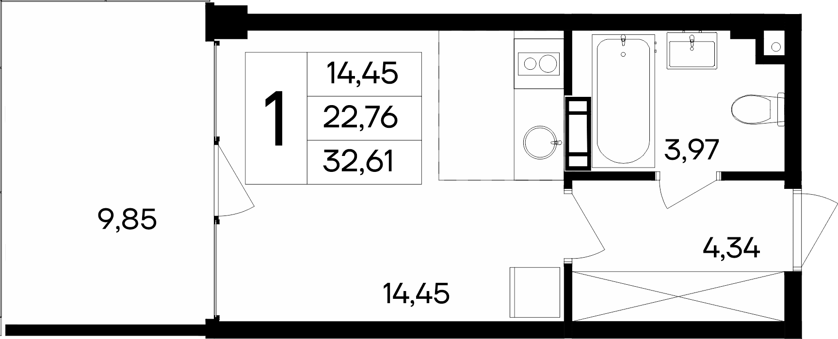 Студия, 22.76 м²