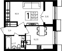 1-комн., 34.11 м²