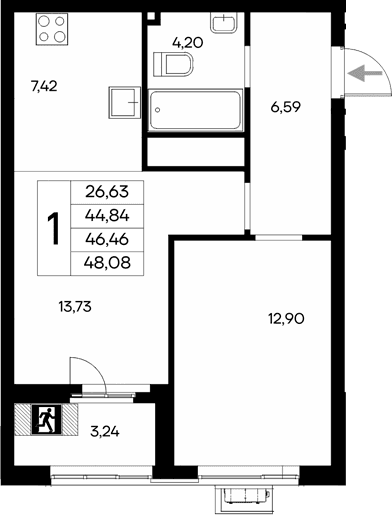 1-комн., 44.84 м²