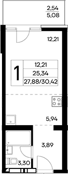 Студия, 27.88 м²