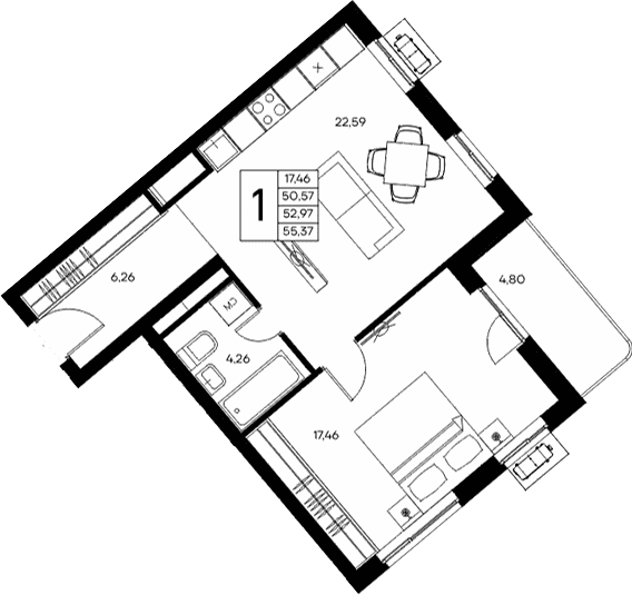 1-комн., 50.57 м²