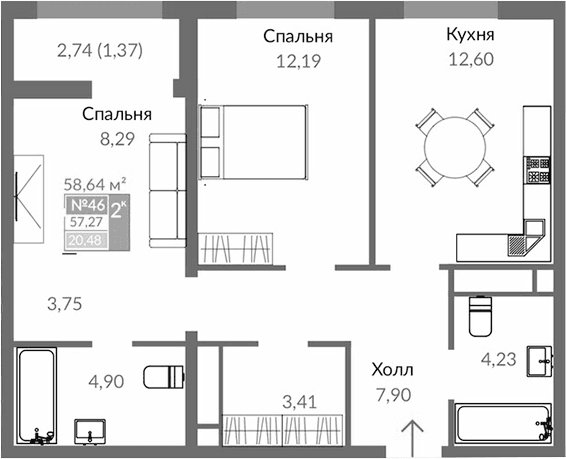 2-комн., 57.27 м²