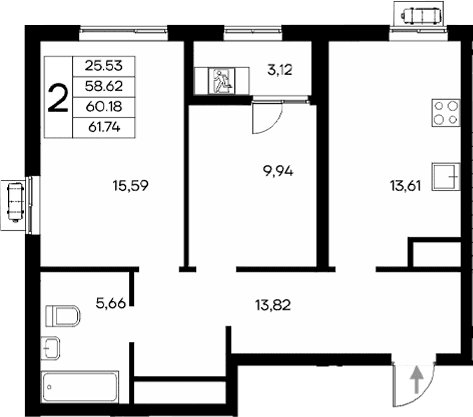 2-комн., 58.62 м²