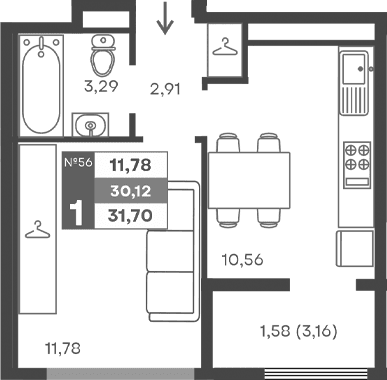1-комн., 28.54 м²
