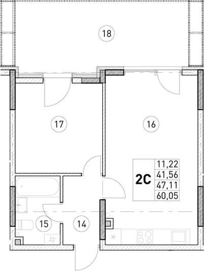 1-комн., 41.56 м²