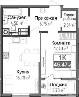 1-комн., 41.41 м²