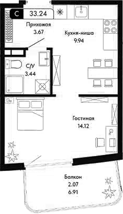 Студия, 31.17 м²