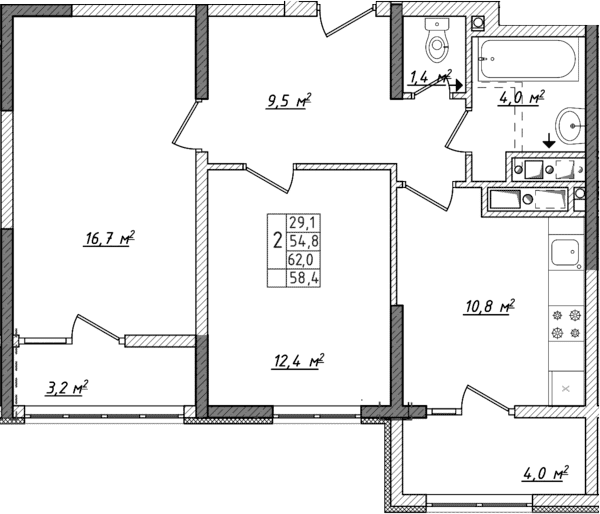2-комн., 54.8 м²