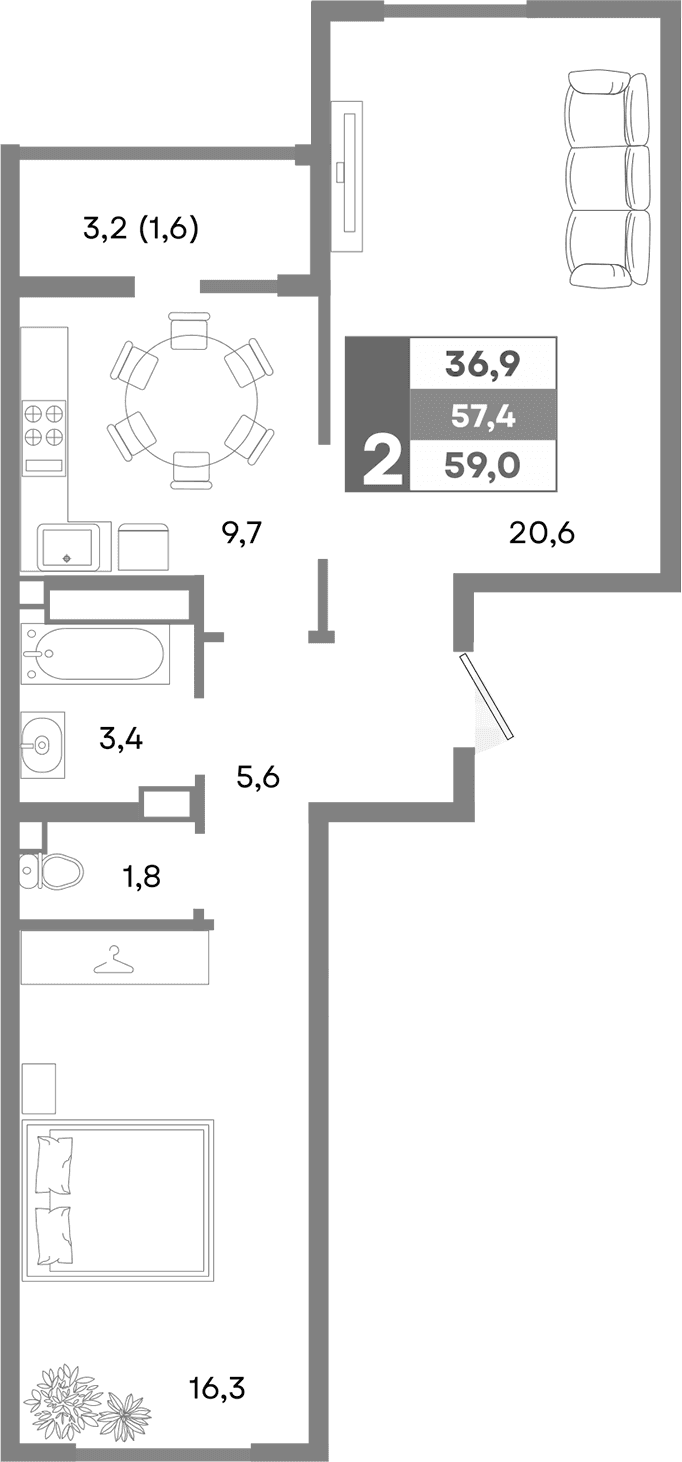 2-комн., 57.4 м²