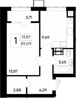 1-комн., 36.38 м²