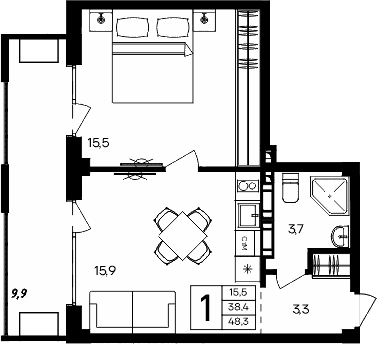 1-комн., 38.4 м²