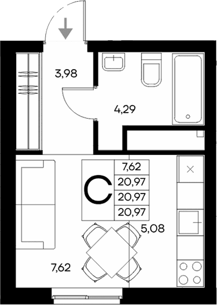 Студия, 20.97 м²
