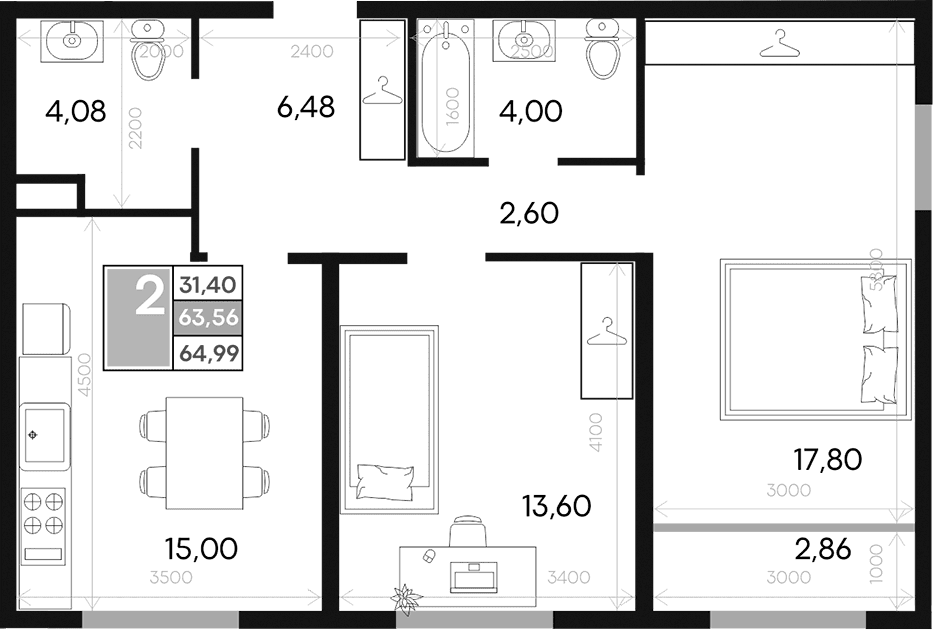 2-комн., 63.56 м²