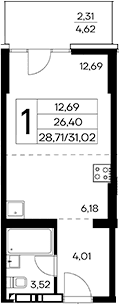 Студия, 28.71 м²