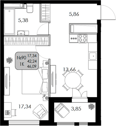 1-комн., 42.24 м²
