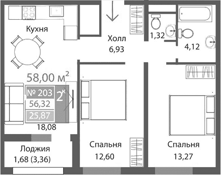 2-комн., 56.32 м²