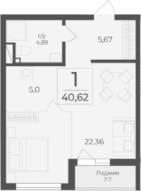 Студия, 37.92 м²