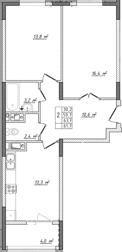 2-комн., 59.7 м²