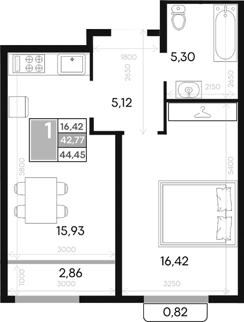 1-комн., 42.77 м²